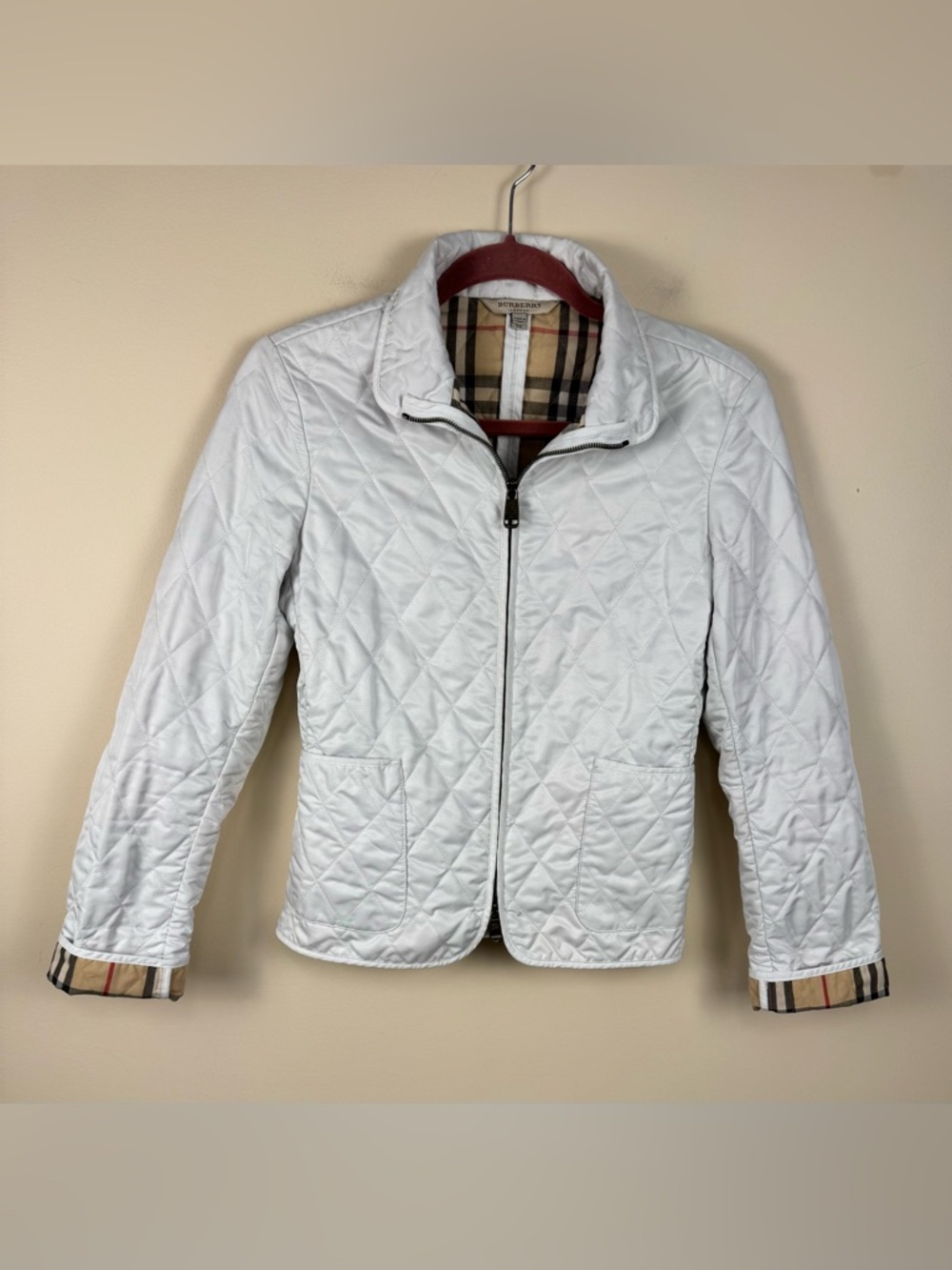 Burberry Diamond Quilted Nova Check Zipped Jacket in White